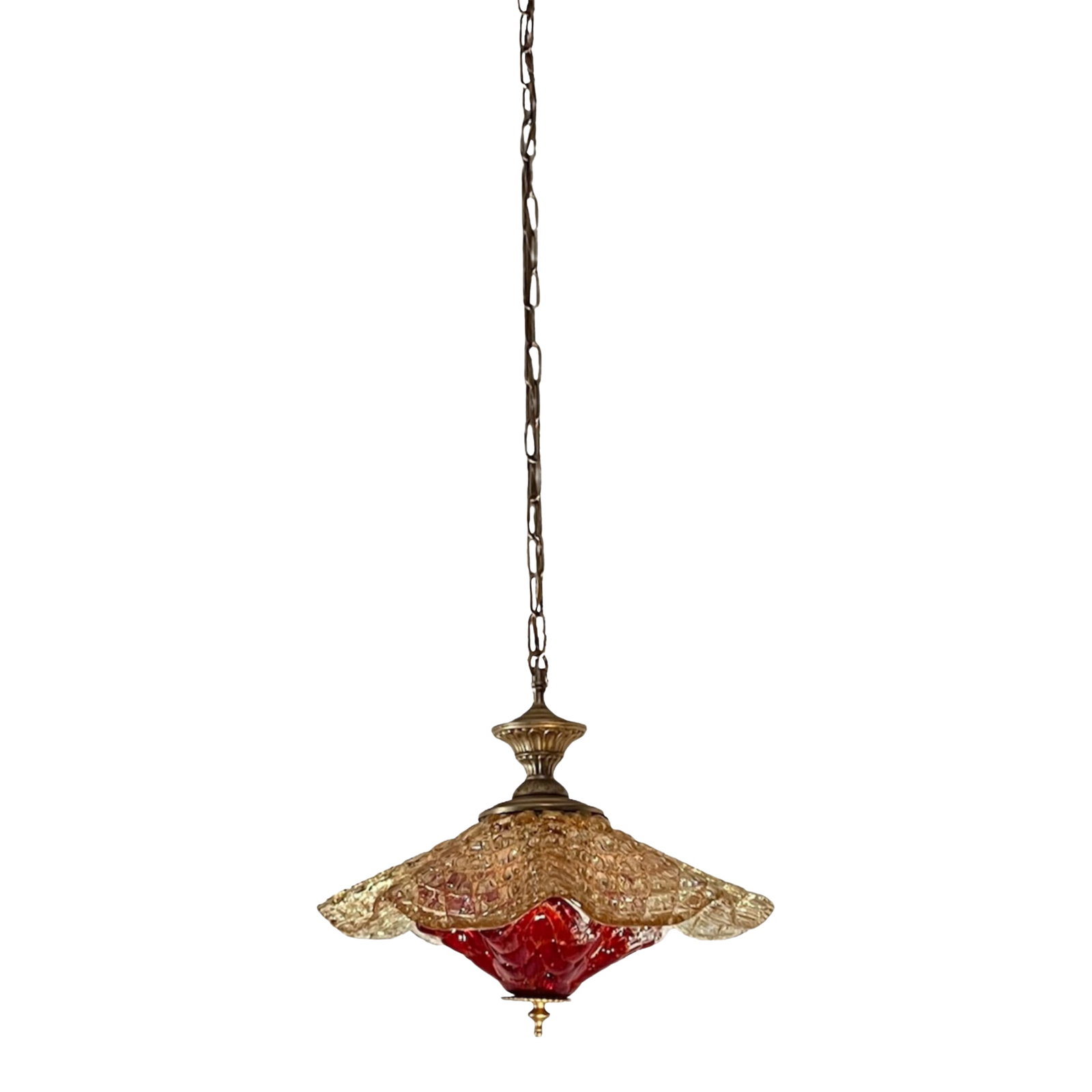 Vintage Murano Fazzoletto Art Glass "Fiore Di Fuoco" Amber Red Pendant Light: This one"‘of"‘a"‘kind pendant light presents itself as a sculptural composition of hand"‘blown Murano glass, adorned with vintage brass lamp parts. Its form is built from two d