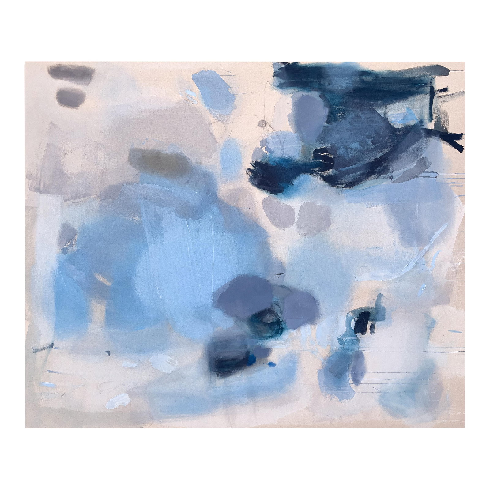Echoes Along the Waterline Large Contemporary Blue Abstract Painting in Cerulean, Slate and Navy b: Lakeside Reverie is a large-scale contemporary abstraction mixed media painting exploring atmosphere, depth, and restraint through layered blue tonalities. Veils of cerulean and misted slate unfold