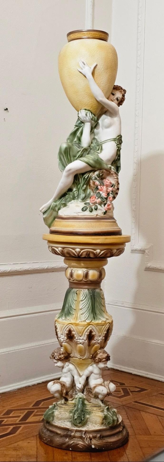 1950s Spectacular Large Chalkware Figurine With Vase on Pedestal. - 11