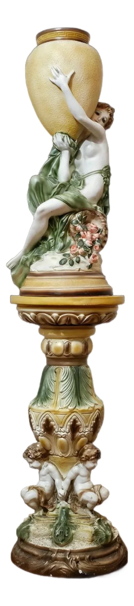 1950s Spectacular Large Chalkware Figurine With Vase on Pedestal.: Spectacular Large Chalkware Figurine with Vase on pedestal. Vintage chalkware statue depicting a Grecian-style woman holding a large urn on a pedestal with figurines, often attributed to the Alexander