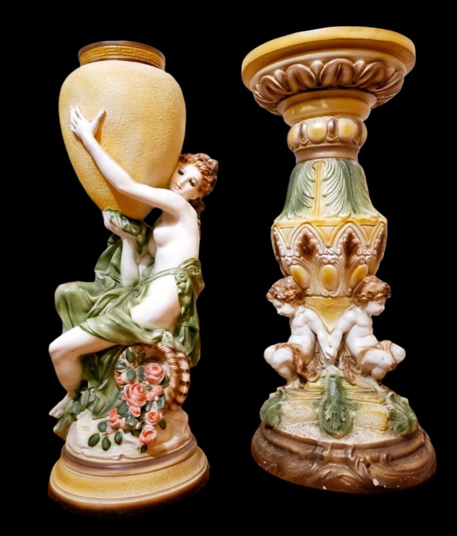 1950s Spectacular Large Chalkware Figurine With Vase on Pedestal. - 2