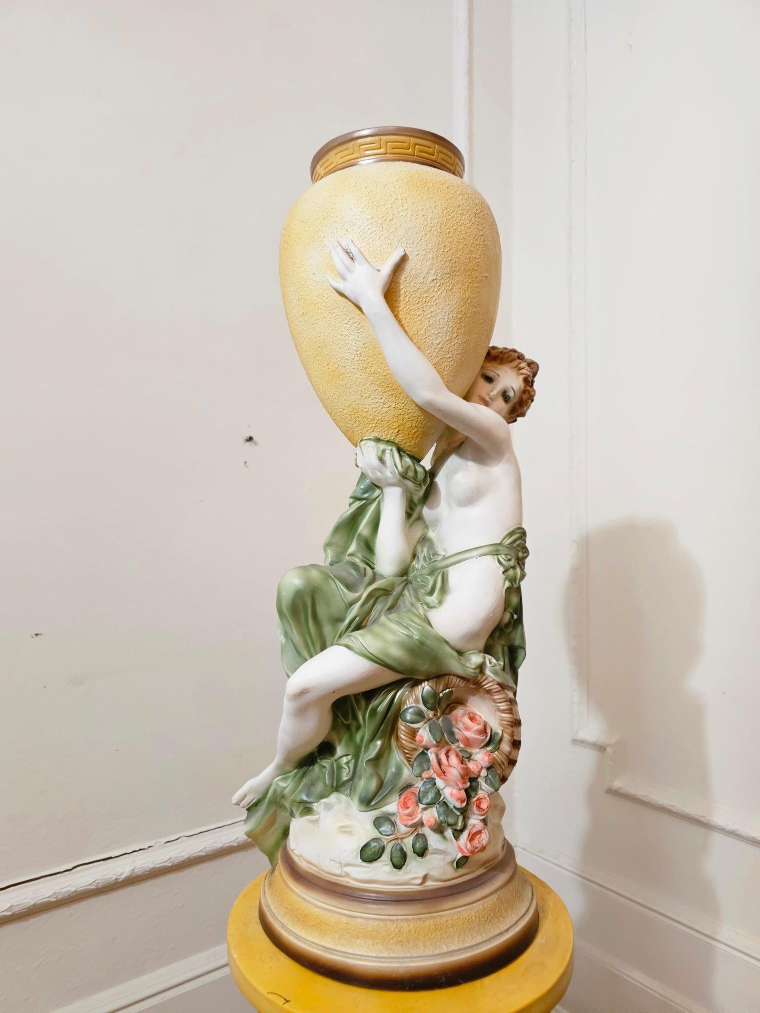 1950s Spectacular Large Chalkware Figurine With Vase on Pedestal. - 3