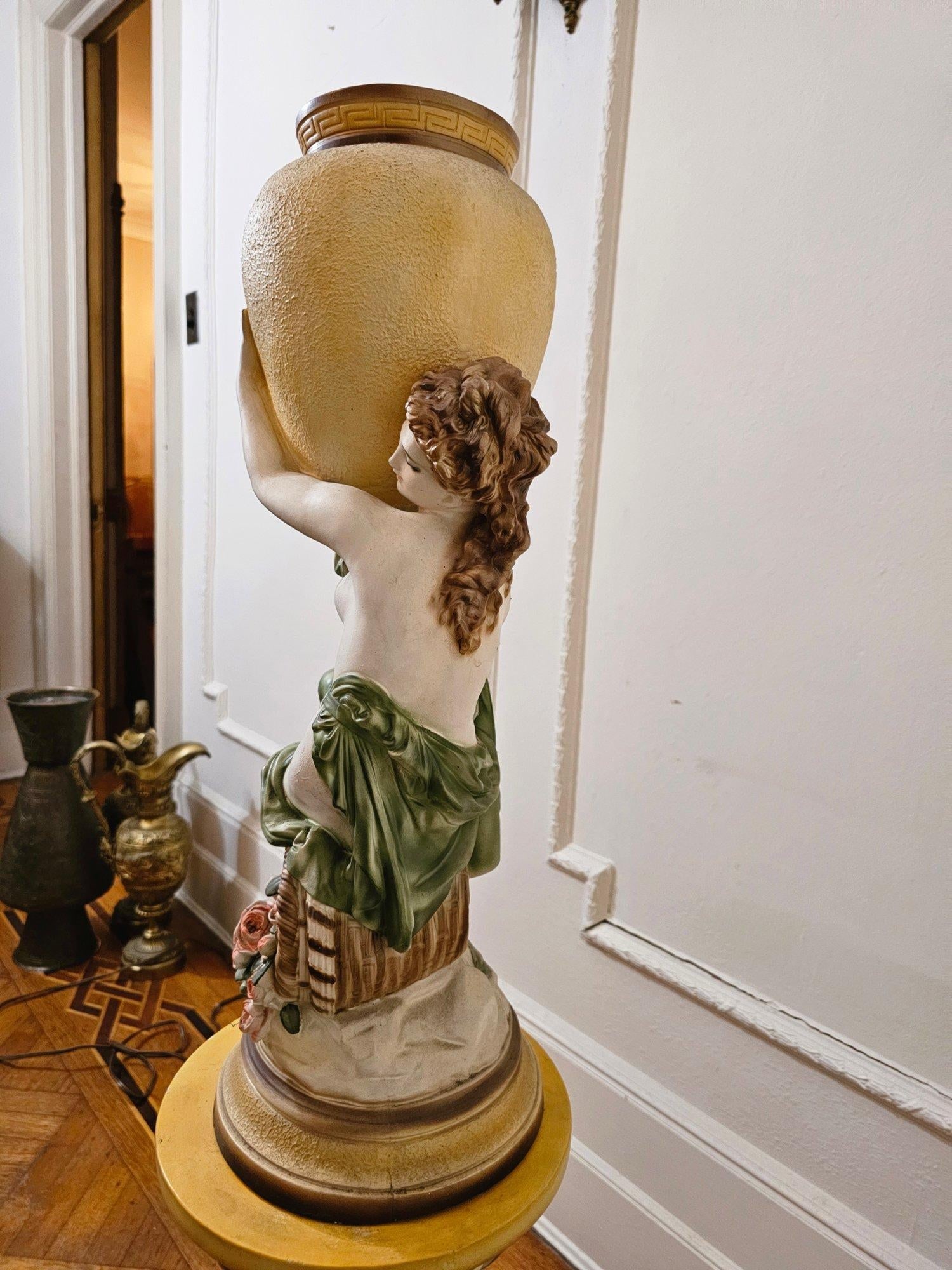 1950s Spectacular Large Chalkware Figurine With Vase on Pedestal. - 7