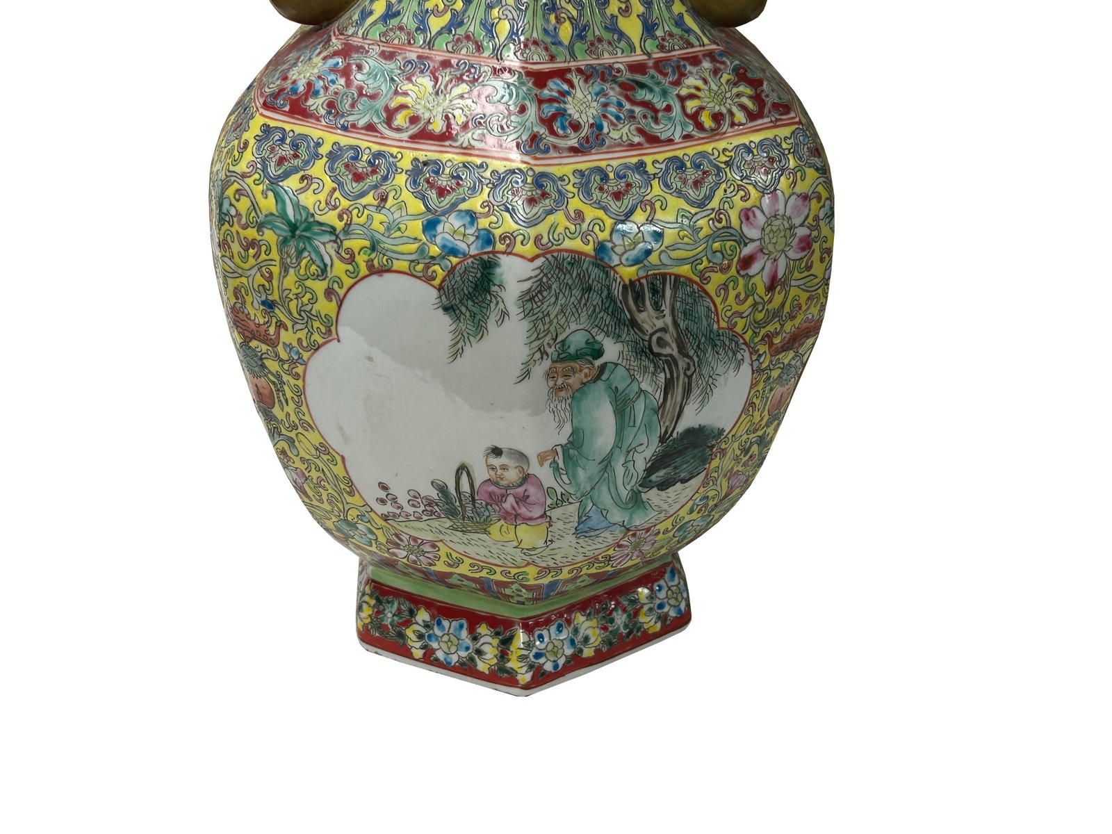 Chinese Yellow Base Hexagon Canton Famille Rose Porcelain Art Vase - 10