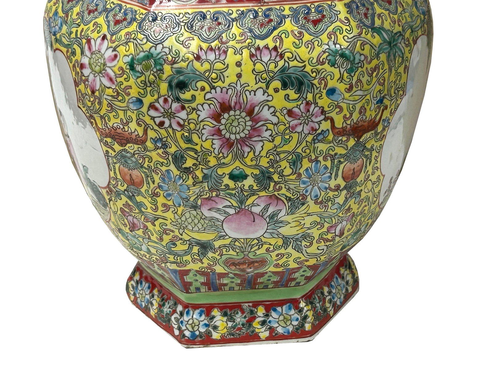 Chinese Yellow Base Hexagon Canton Famille Rose Porcelain Art Vase - 11