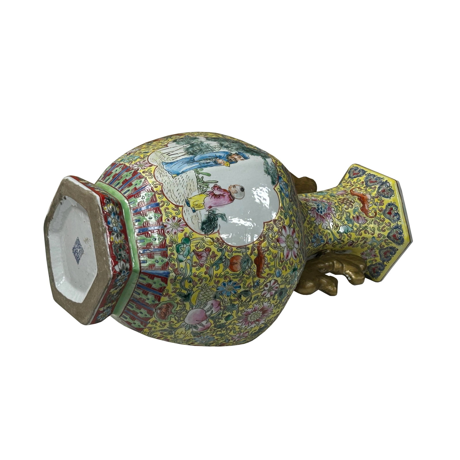 Chinese Yellow Base Hexagon Canton Famille Rose Porcelain Art Vase - 12