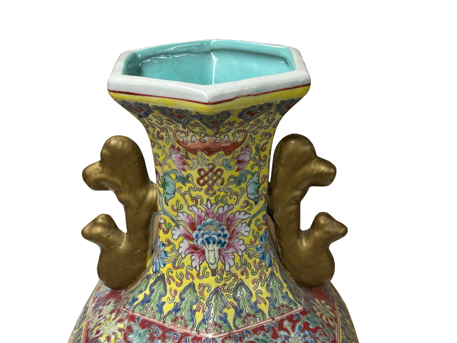 Chinese Yellow Base Hexagon Canton Famille Rose Porcelain Art Vase - 13