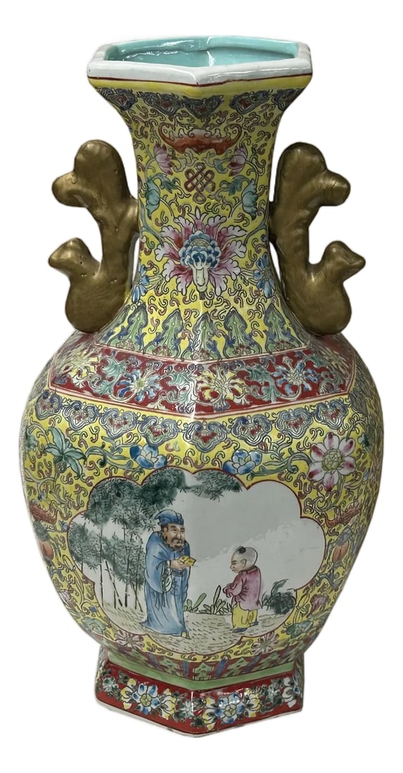 Chinese Yellow Base Hexagon Canton Famille Rose Porcelain Art Vase: This is a Chinese-style hexagonal porcelain vase, characterized by its vibrant yellow ground and ornate "famille rose" (fencai) palette. The vessel features a flared rim, a tapering neck adorned with