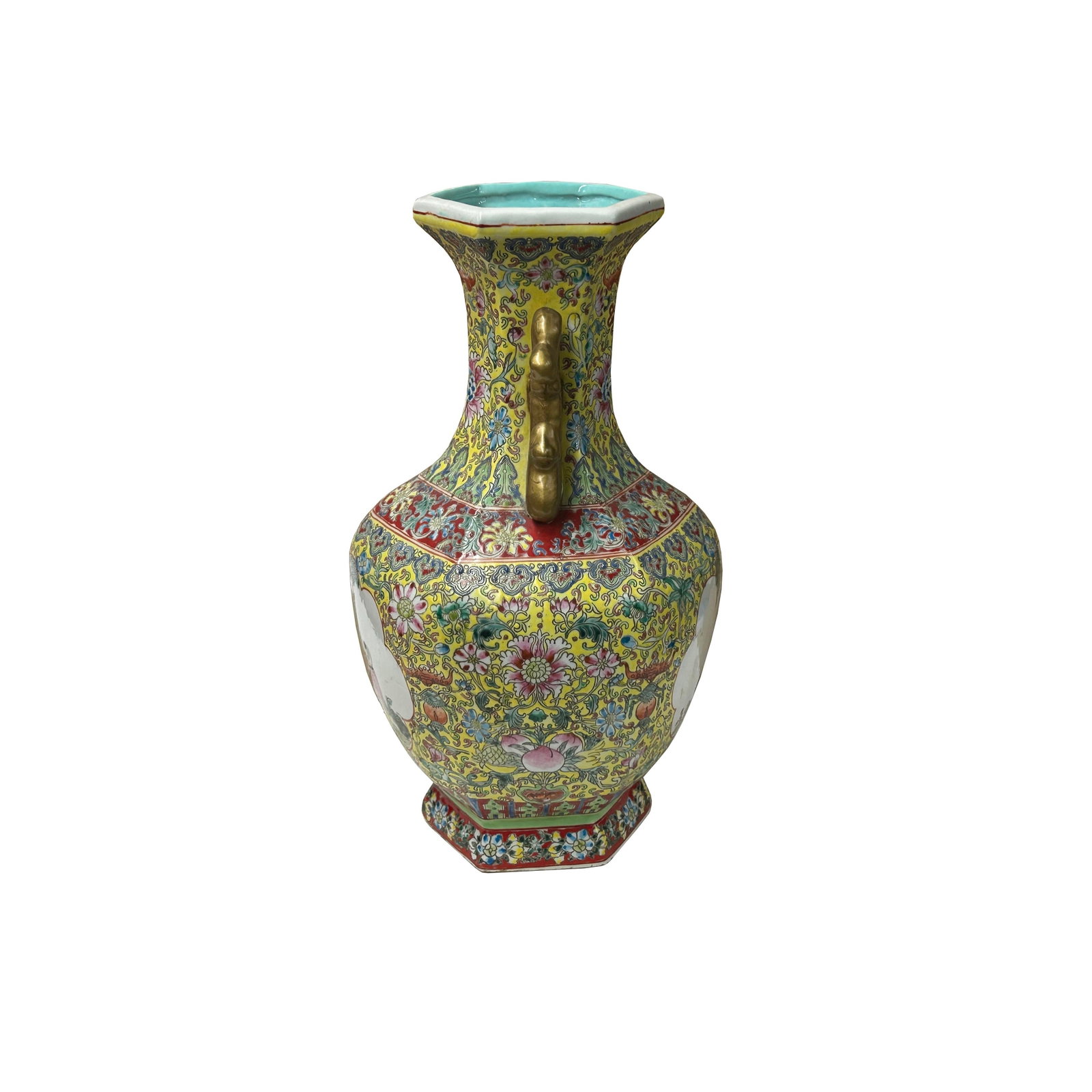 Chinese Yellow Base Hexagon Canton Famille Rose Porcelain Art Vase - 2