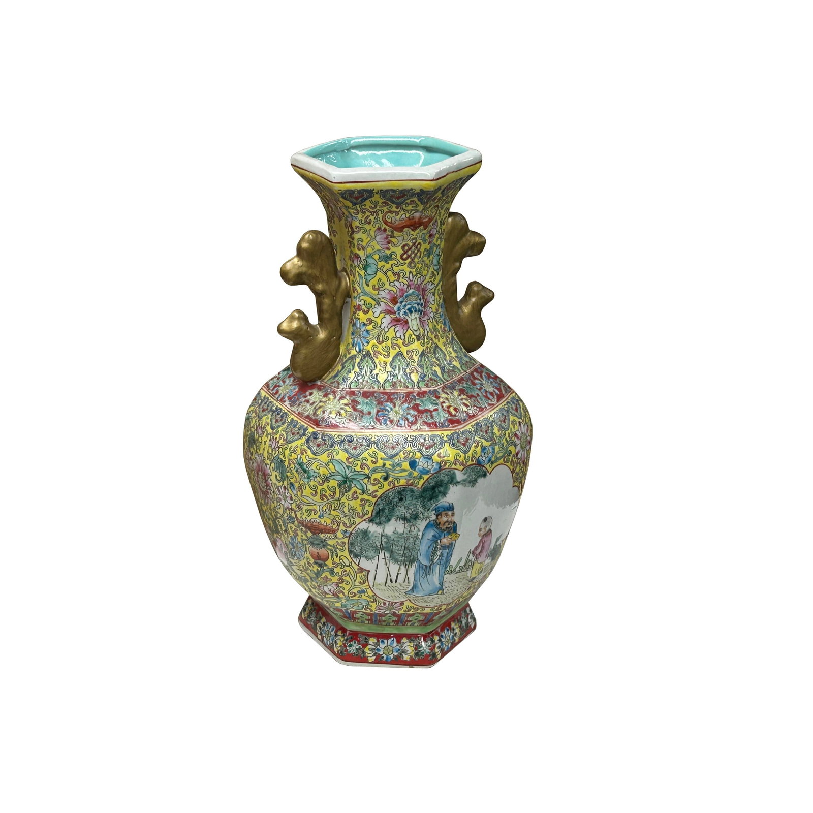 Chinese Yellow Base Hexagon Canton Famille Rose Porcelain Art Vase - 3