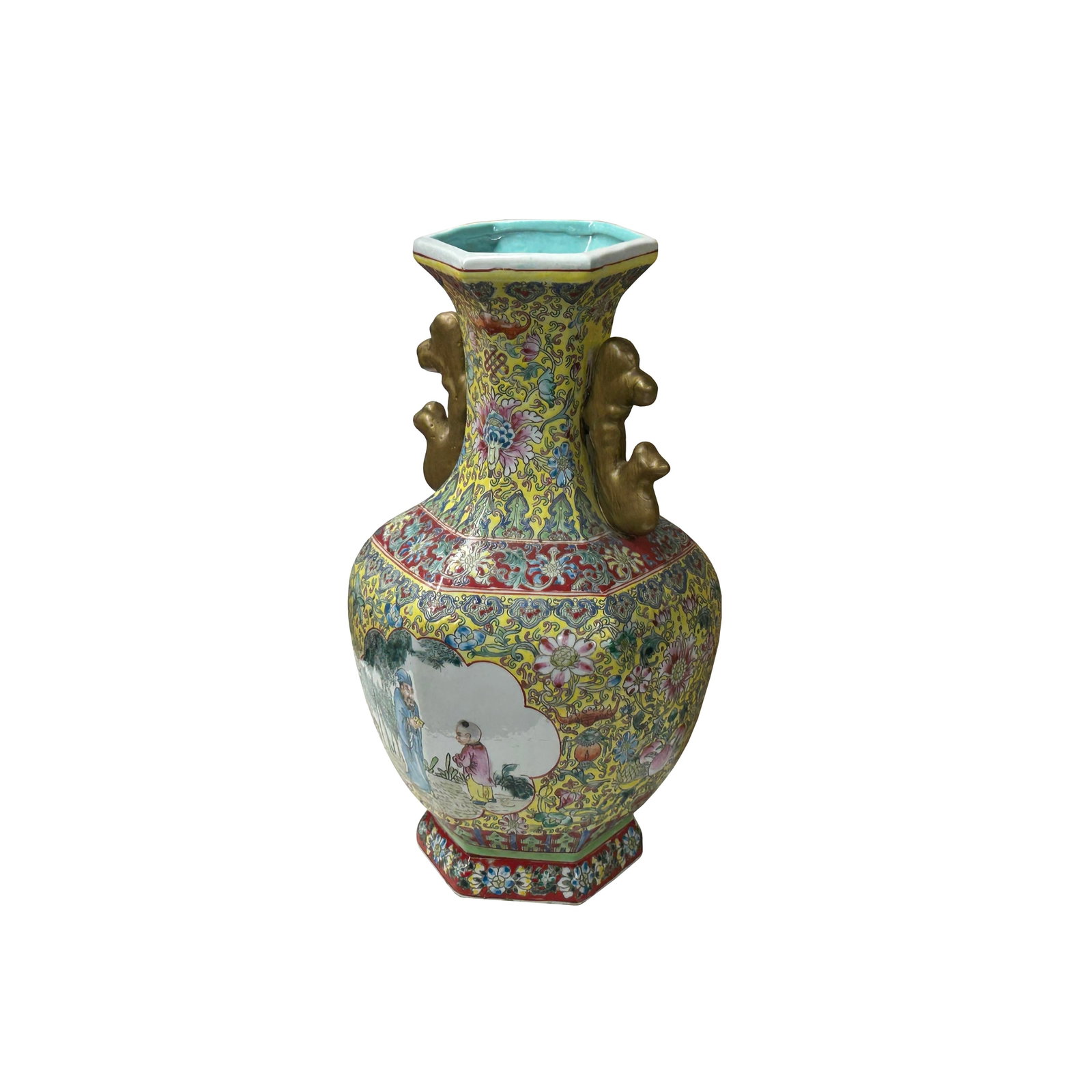 Chinese Yellow Base Hexagon Canton Famille Rose Porcelain Art Vase - 4