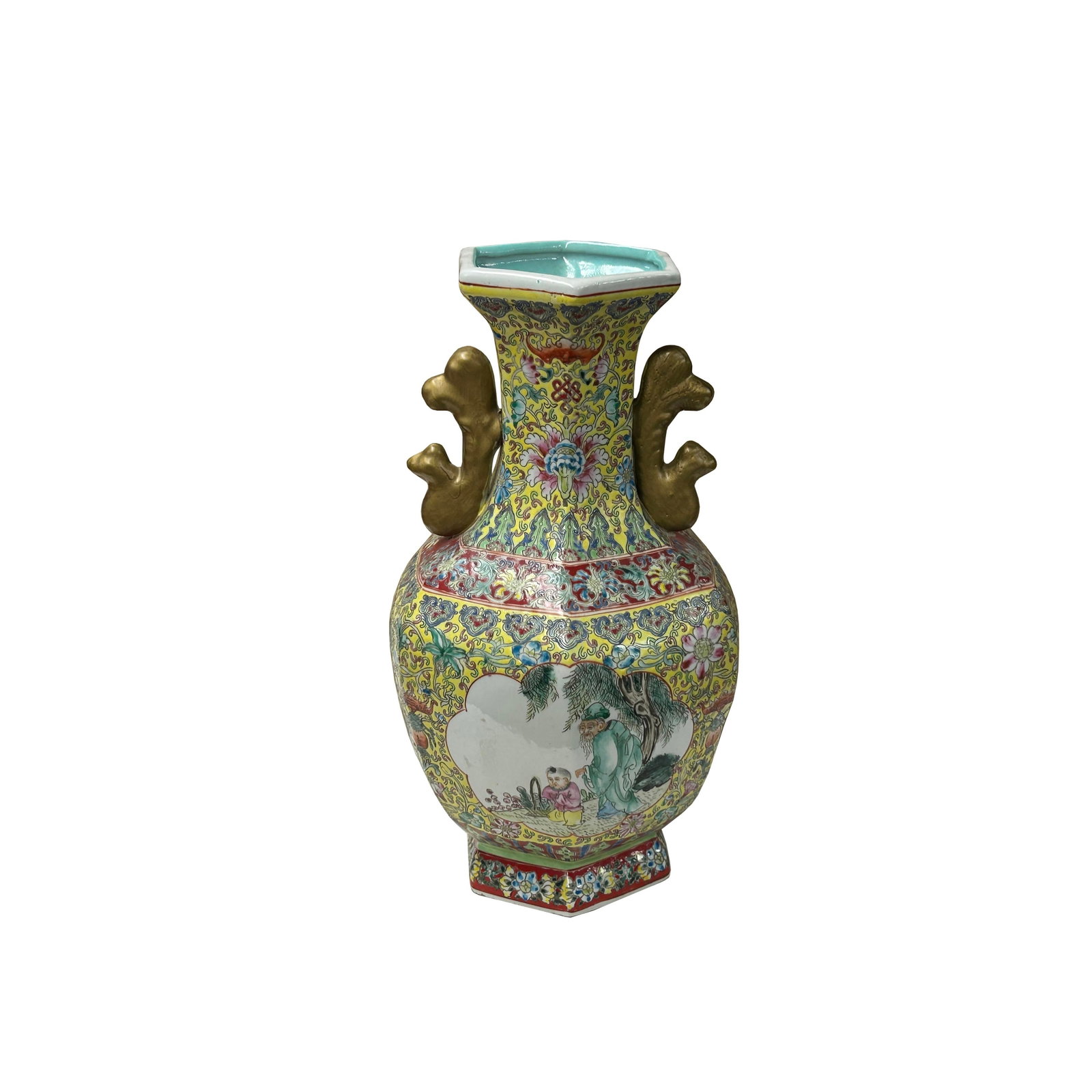 Chinese Yellow Base Hexagon Canton Famille Rose Porcelain Art Vase - 5