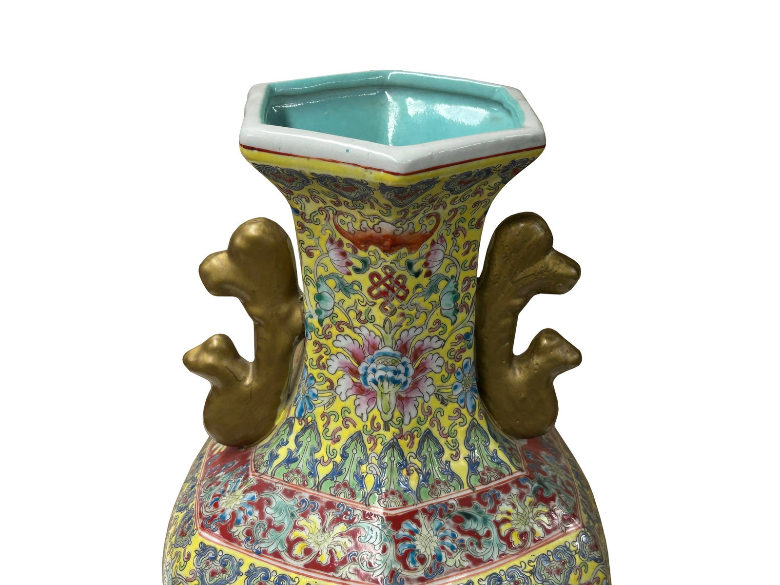 Chinese Yellow Base Hexagon Canton Famille Rose Porcelain Art Vase - 7