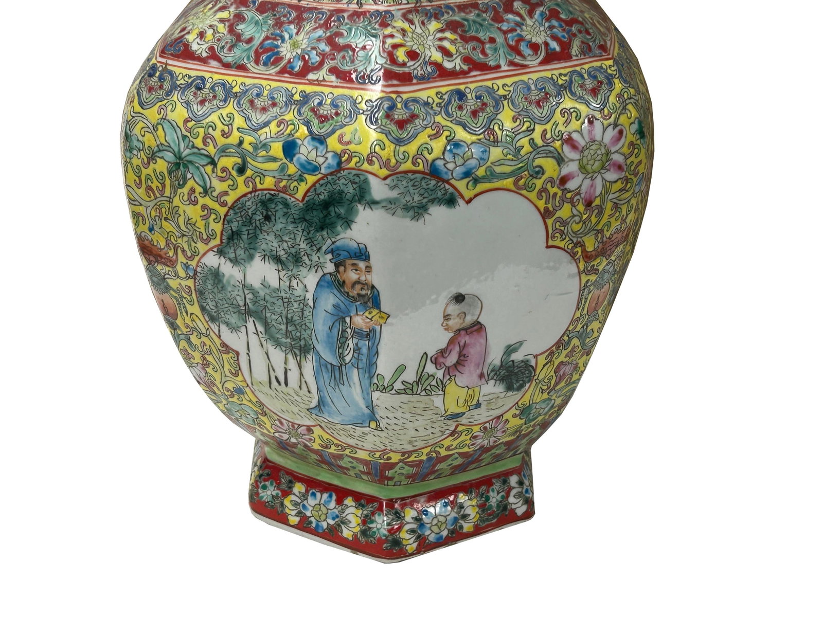 Chinese Yellow Base Hexagon Canton Famille Rose Porcelain Art Vase - 8