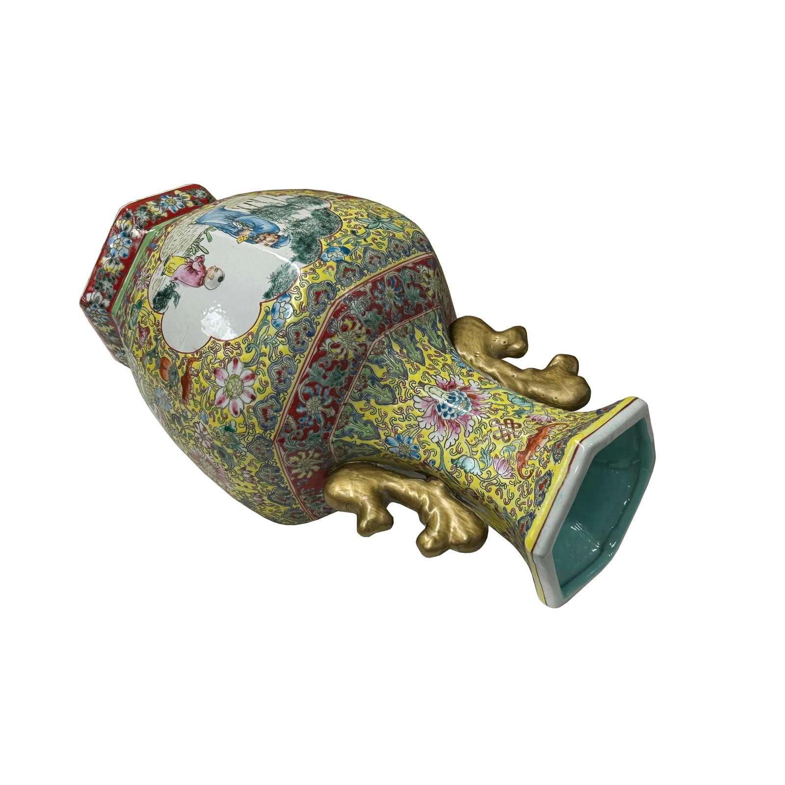 Chinese Yellow Base Hexagon Canton Famille Rose Porcelain Art Vase - 9