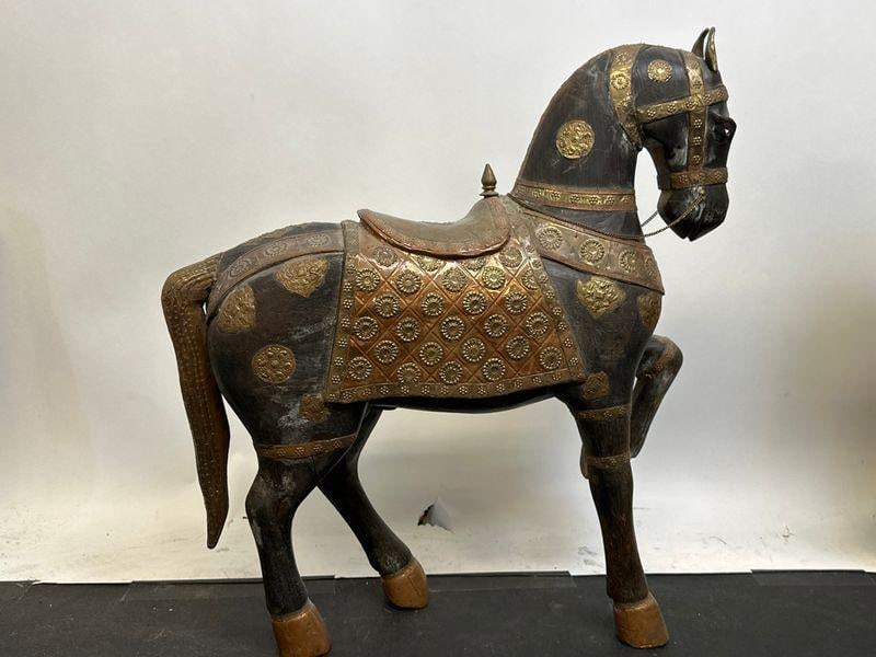 Pair of Antique Hand Carved Marwari War Horse Sculptures Pair Indian Wood Brass Copper - 10
