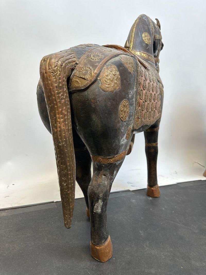 Pair of Antique Hand Carved Marwari War Horse Sculptures Pair Indian Wood Brass Copper - 12