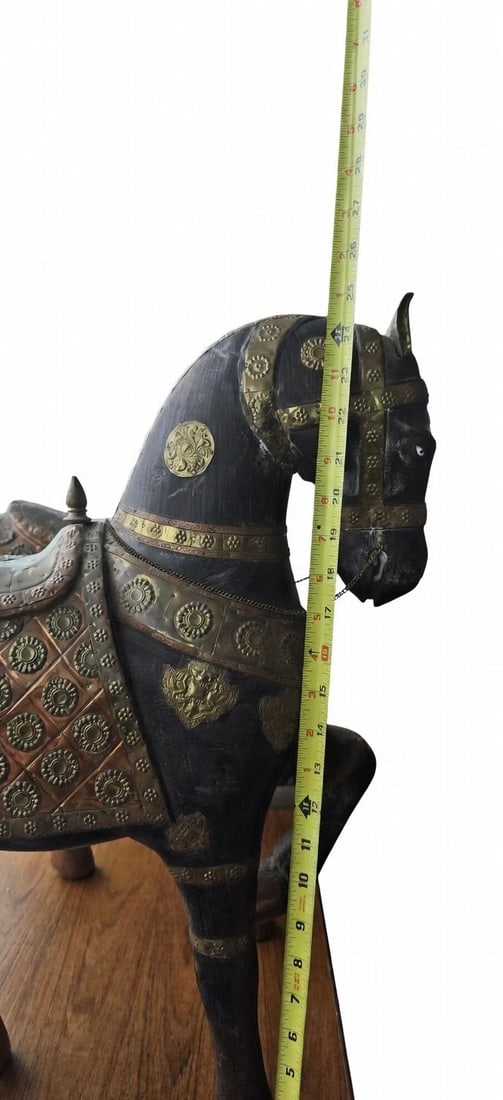 Pair of Antique Hand Carved Marwari War Horse Sculptures Pair Indian Wood Brass Copper - 13