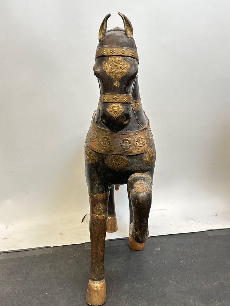 Pair of Antique Hand Carved Marwari War Horse Sculptures Pair Indian Wood Brass Copper - 2