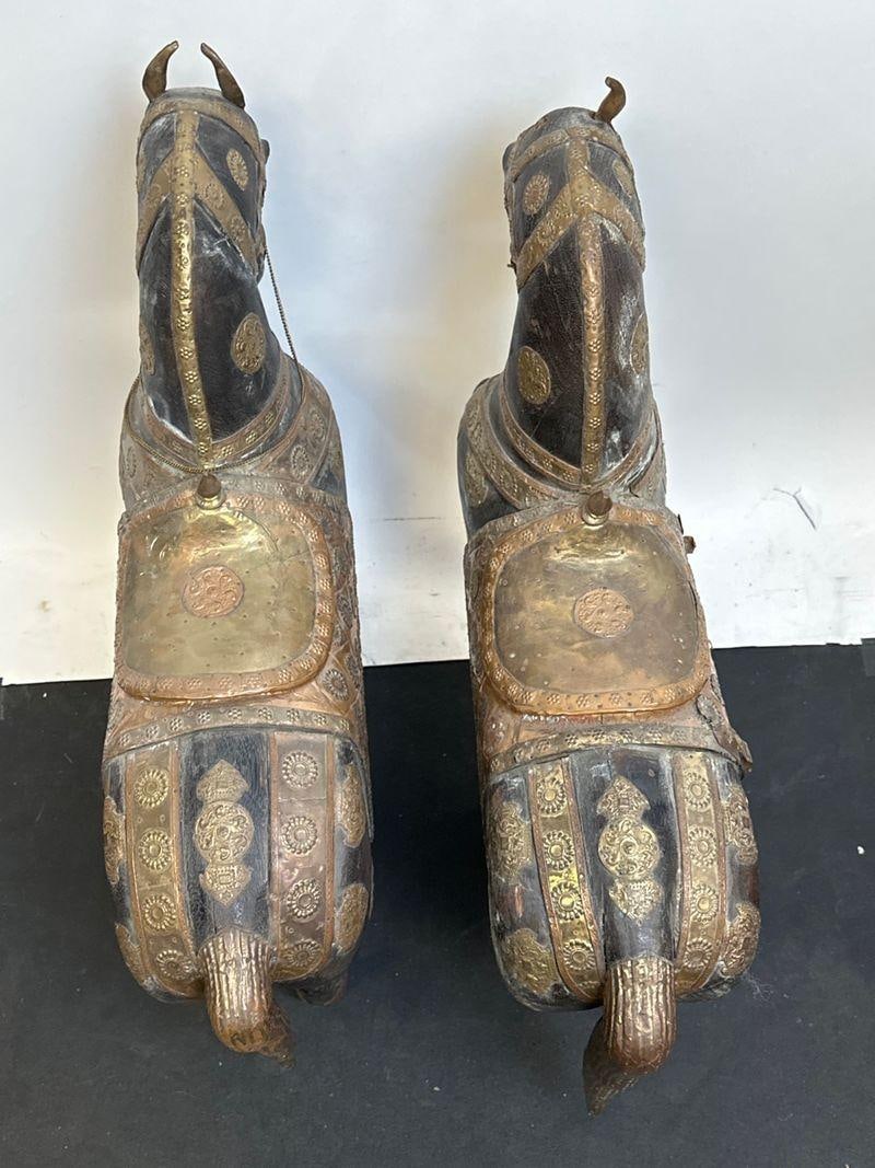 Pair of Antique Hand Carved Marwari War Horse Sculptures Pair Indian Wood Brass Copper - 5