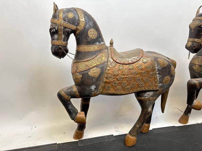 Pair of Antique Hand Carved Marwari War Horse Sculptures Pair Indian Wood Brass Copper - 6
