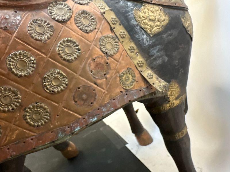 Pair of Antique Hand Carved Marwari War Horse Sculptures Pair Indian Wood Brass Copper - 7
