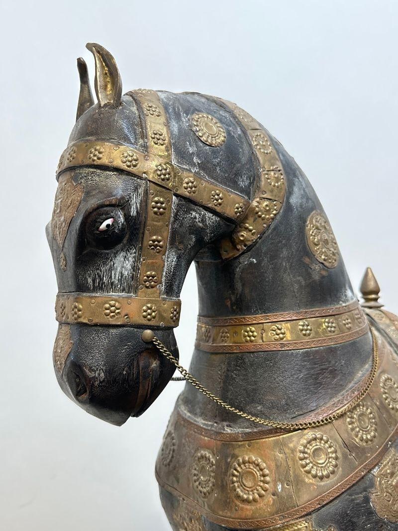 Pair of Antique Hand Carved Marwari War Horse Sculptures Pair Indian Wood Brass Copper - 9