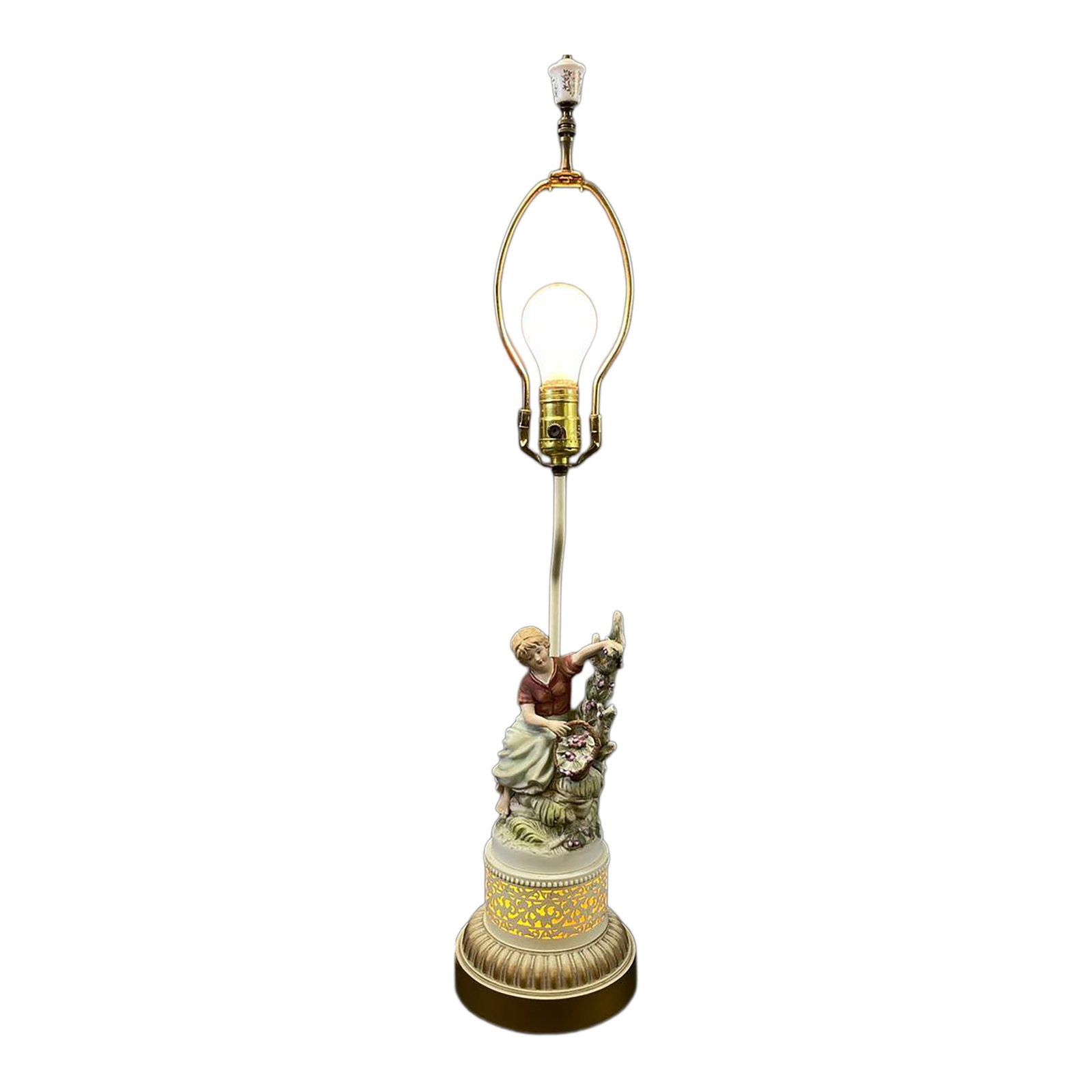 Vintage Capodimonte"‘Style Porcelain Figural Lamp With Illuminated Pierced Base: This exquisite vintage porcelain lamp captures the charm of the Italian Capodimonte sculptural tradition. The central figure features a beautifully detailed, hand-painted child in pastoral attire, rea