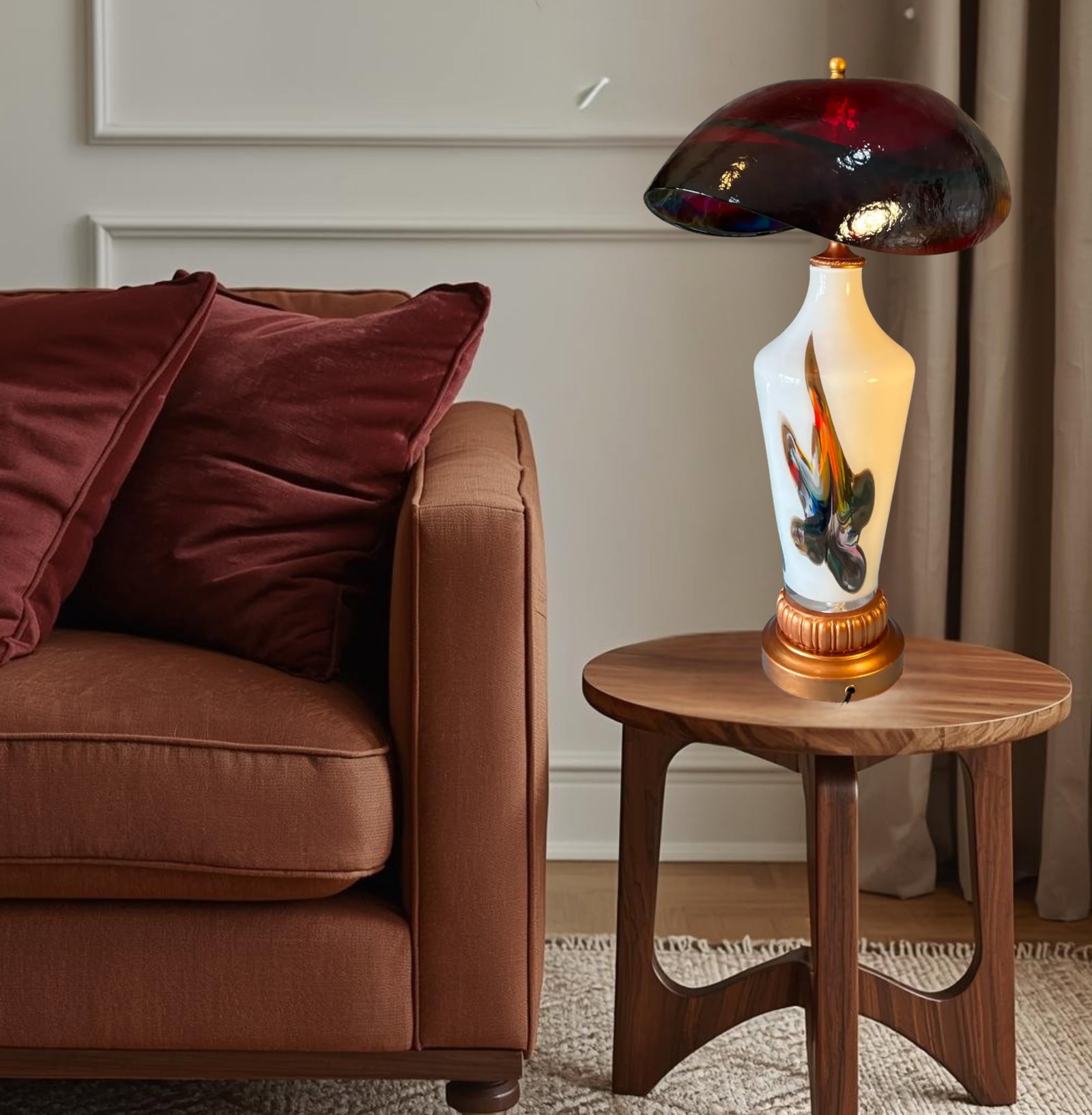 Murano Oval Art Glass Wine Colored Mushroom Abstract Table Lamp - 10