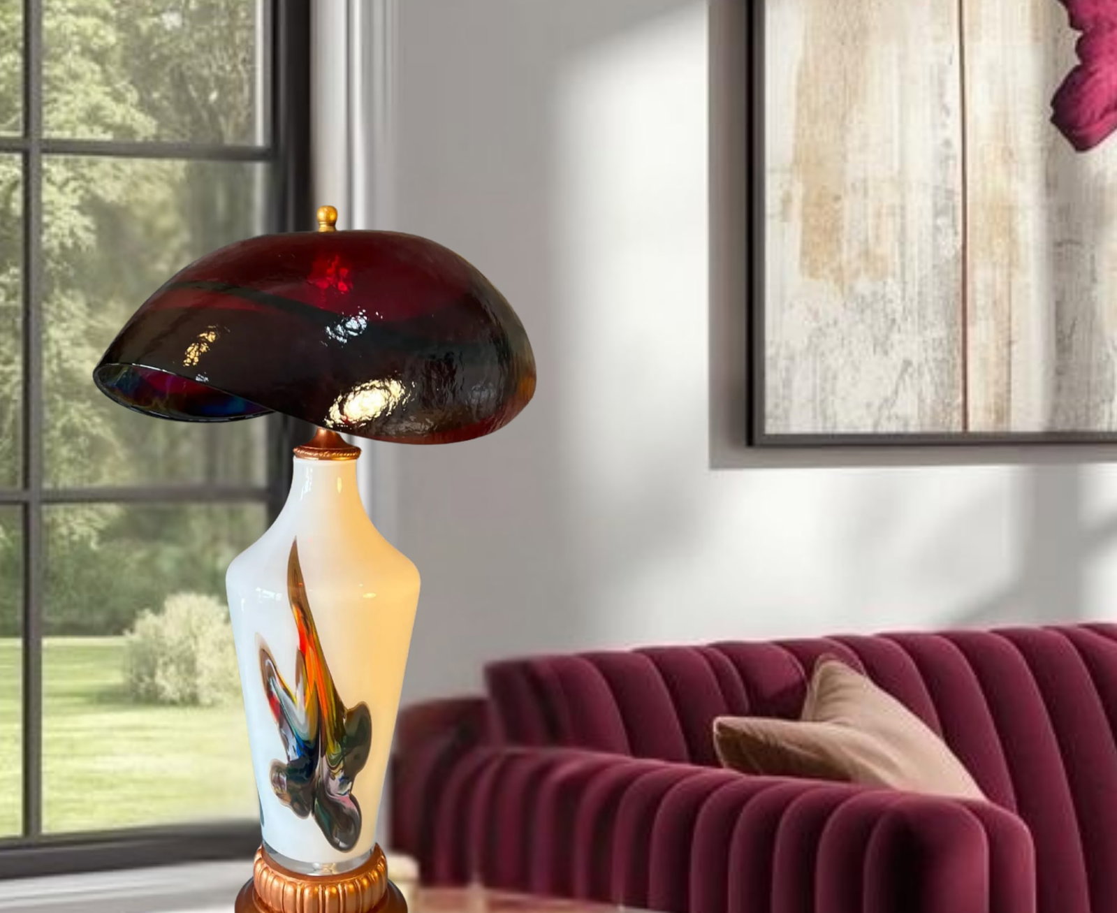 Murano Oval Art Glass Wine Colored Mushroom Abstract Table Lamp - 12