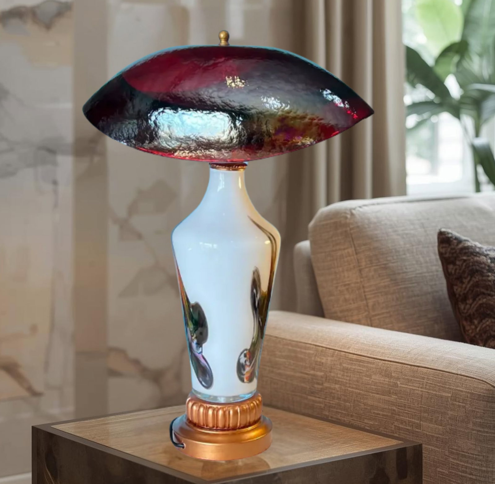 Murano Oval Art Glass Wine Colored Mushroom Abstract Table Lamp - 14