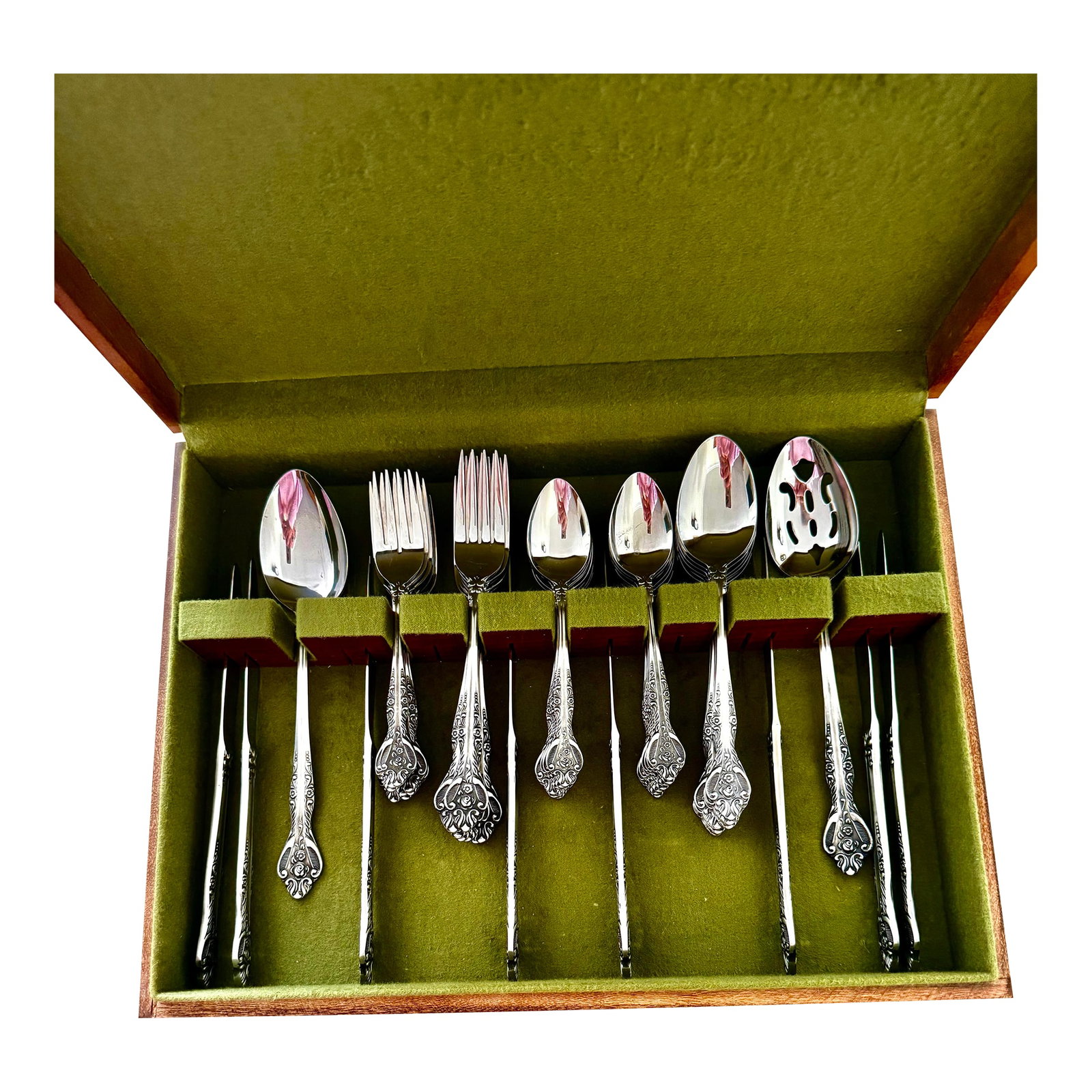 SCC Japan Stainless Steel 18/8 Gauge Cutlery - Set of Fifty Pieces: Add a touch of elegance to your dining experience with this fifty piece set, service for eight stainless steel flatware made in Japan by Supreme Cutlery Corporation. SCC produced several distinct
