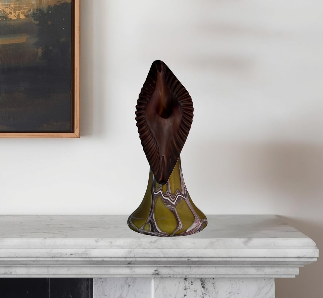 Vintage Essie Zareh Baijan Abstract Jack in the Pulpit Green & Brown Art Glass Vase - 14