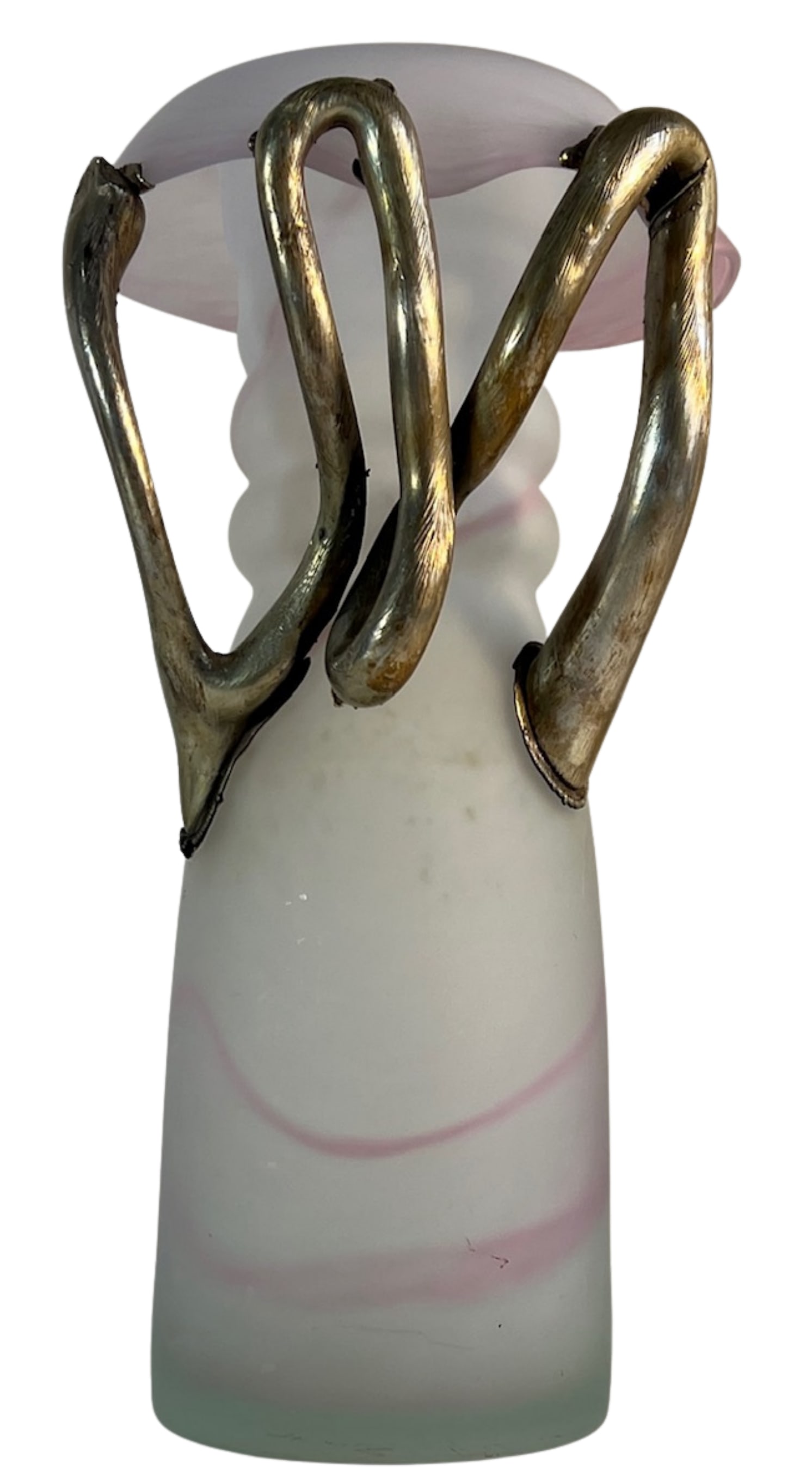 Art Glass Pink Satin and Abstract Metal Looped Vase by Artist Vasile Tubi VÄƒdan - 10
