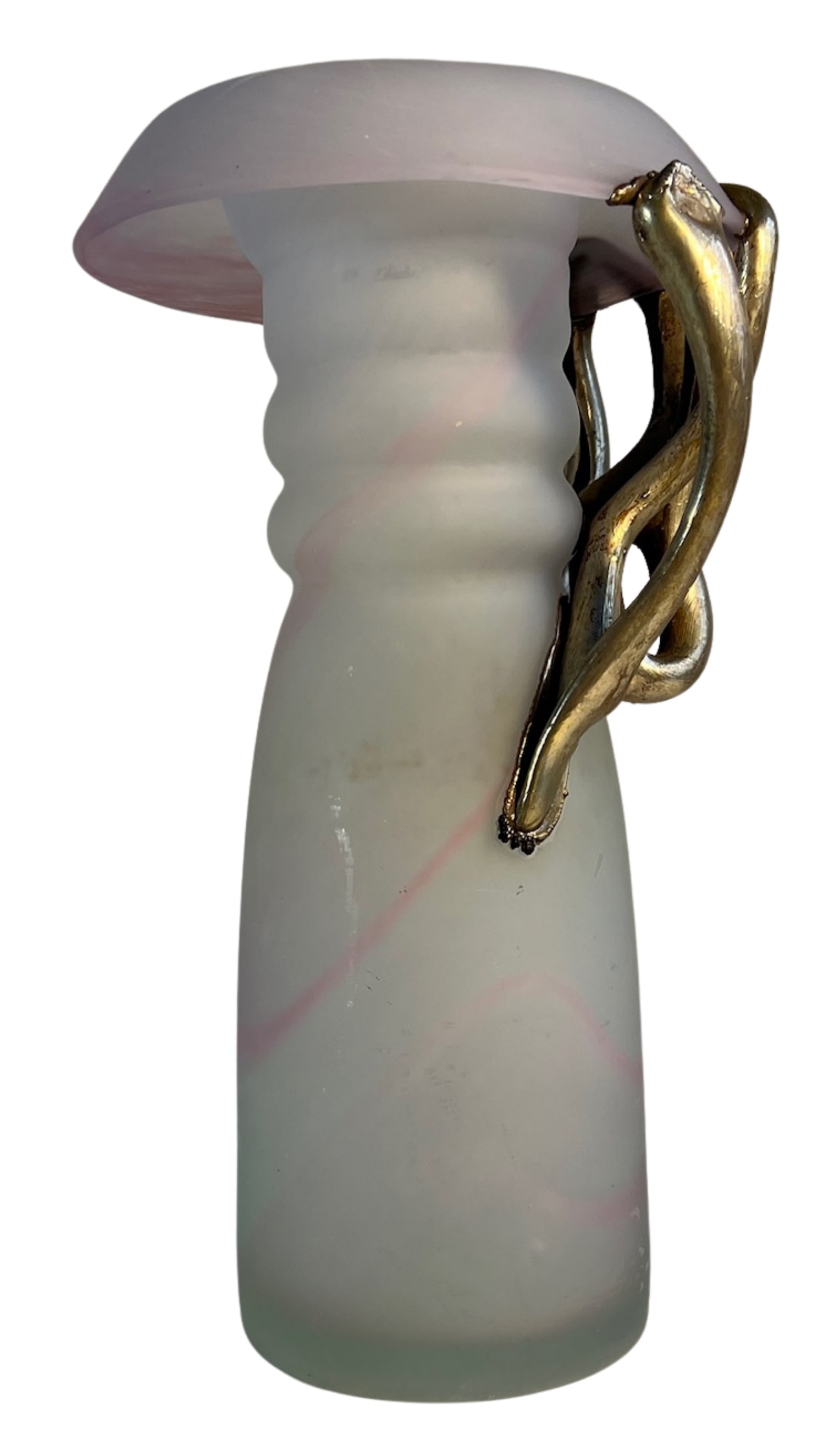 Art Glass Pink Satin and Abstract Metal Looped Vase by Artist Vasile Tubi VÄƒdan - 14