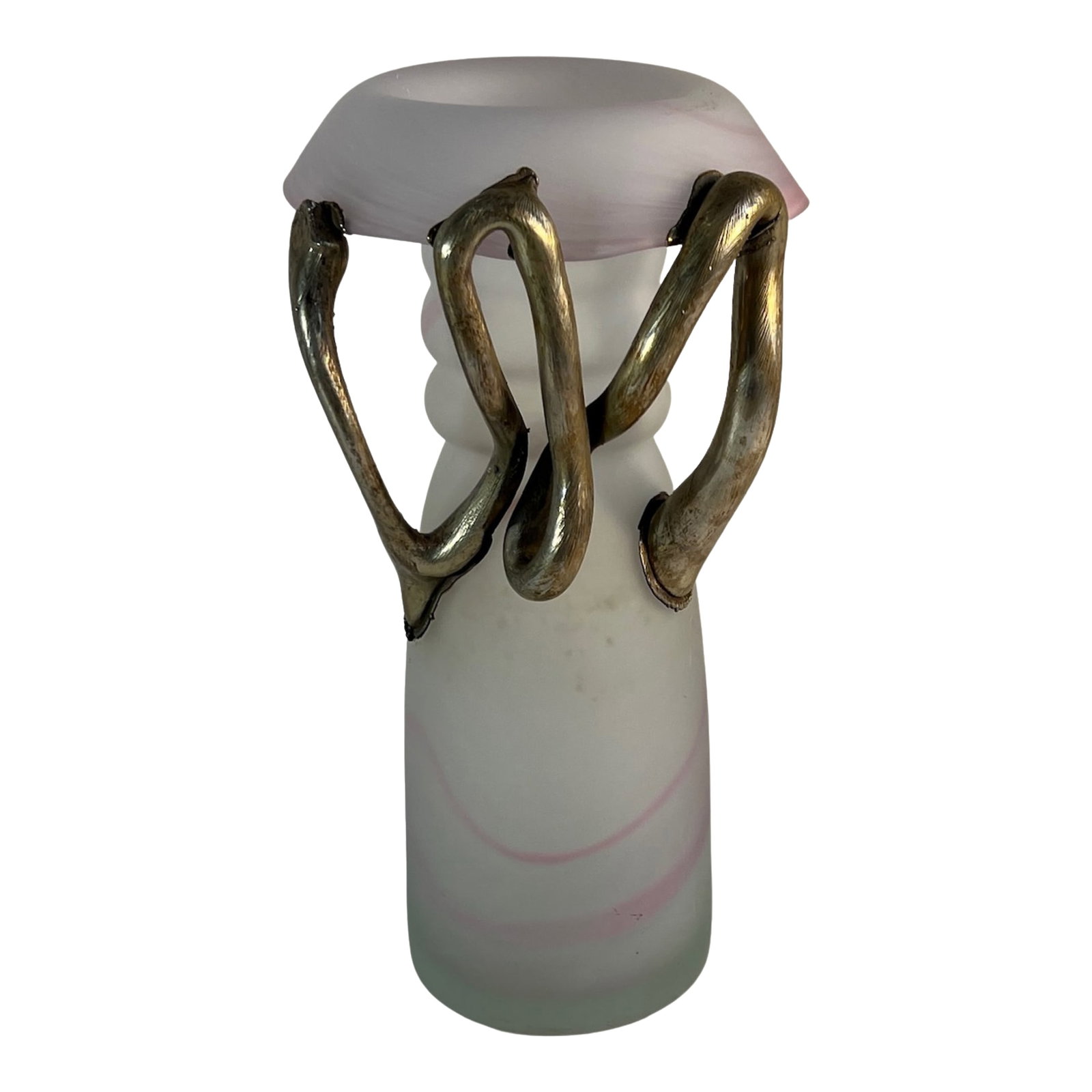 Art Glass Pink Satin and Abstract Metal Looped Vase by Artist Vasile Tubi VÄƒdan: This 11 1/2 inch tall hand-blown art glass vase, made in Romania by Vasile Tubi VÄƒdan, is distinguished by three applied metallic elements that rise in fluid, ribbon-like arcs around the