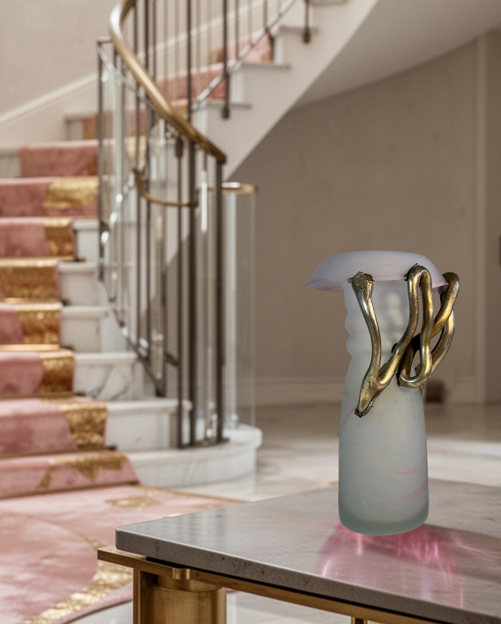 Art Glass Pink Satin and Abstract Metal Looped Vase by Artist Vasile Tubi VÄƒdan - 2