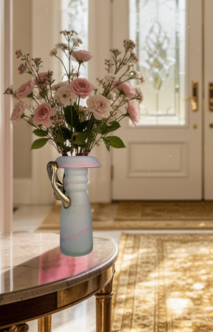 Art Glass Pink Satin and Abstract Metal Looped Vase by Artist Vasile Tubi VÄƒdan - 6