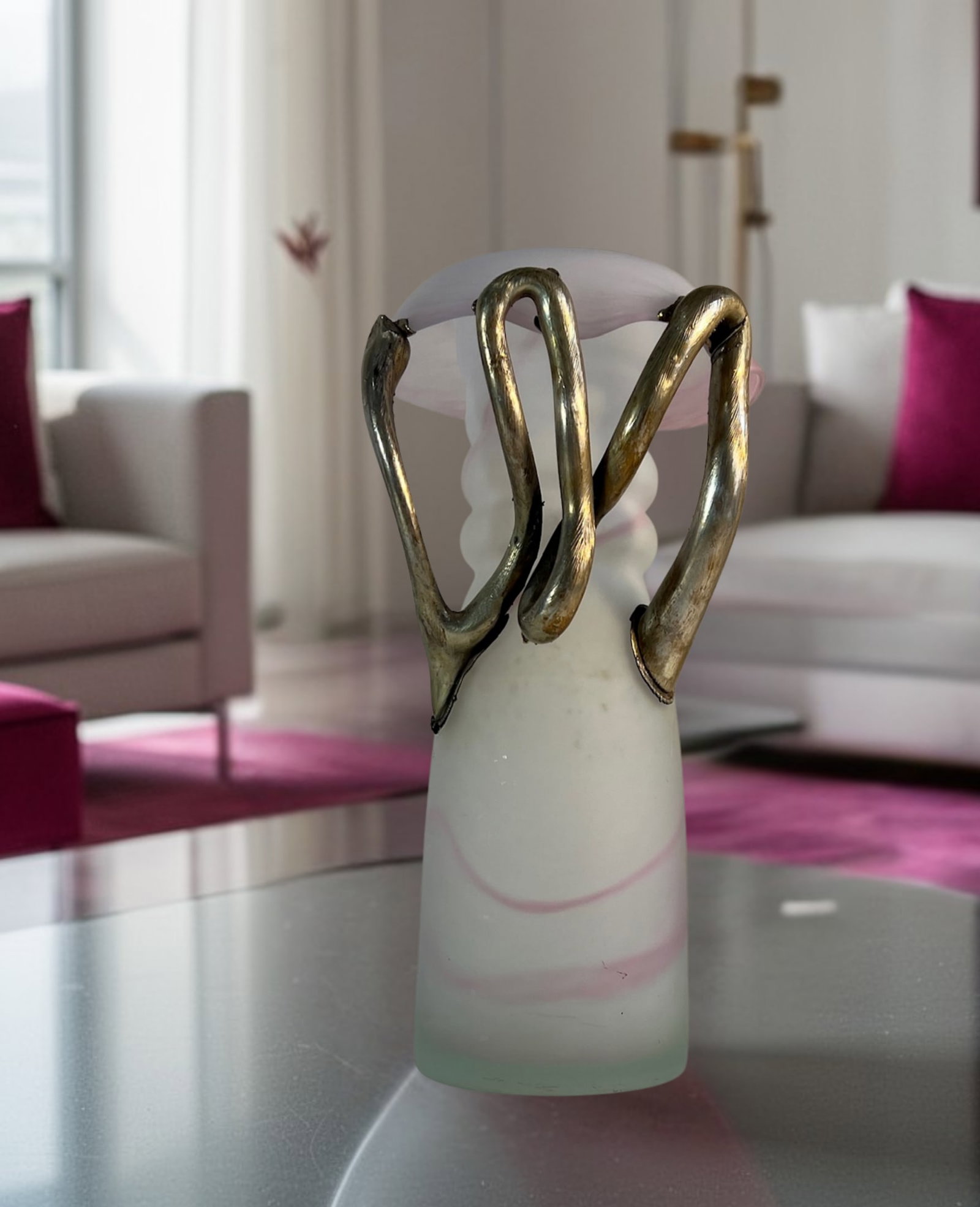 Art Glass Pink Satin and Abstract Metal Looped Vase by Artist Vasile Tubi VÄƒdan - 7