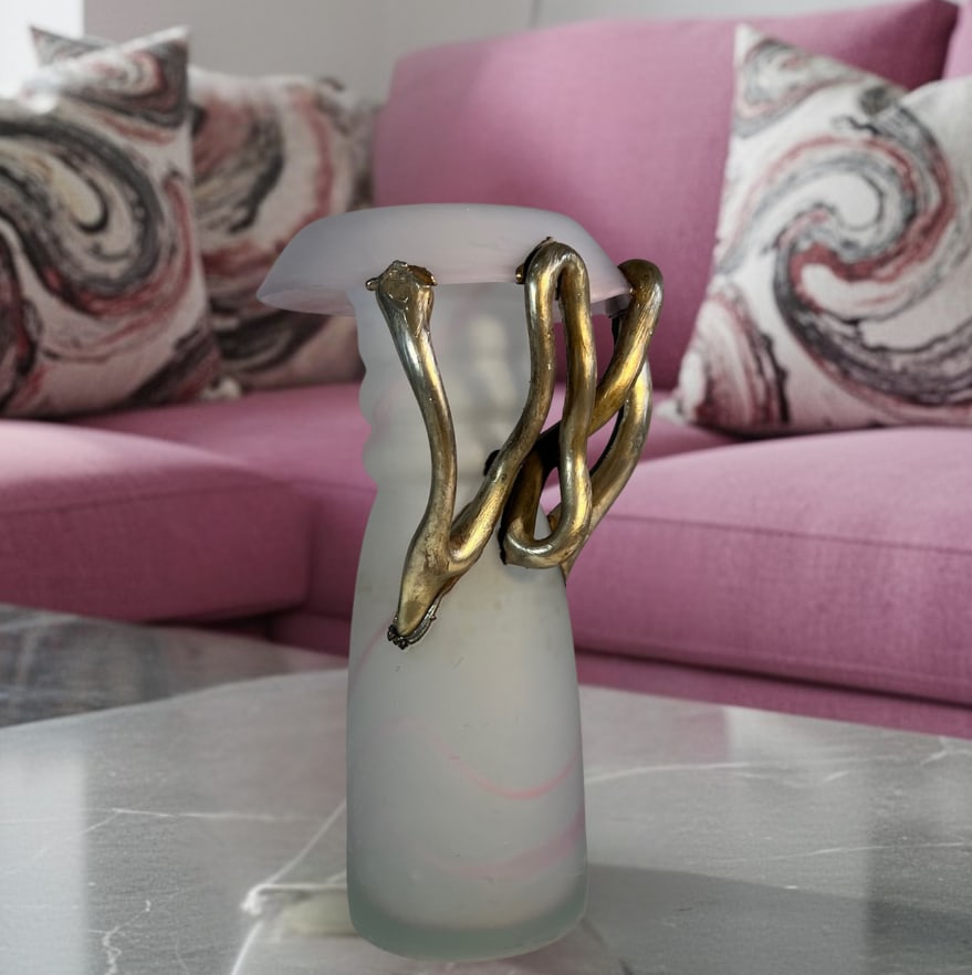 Art Glass Pink Satin and Abstract Metal Looped Vase by Artist Vasile Tubi VÄƒdan - 9