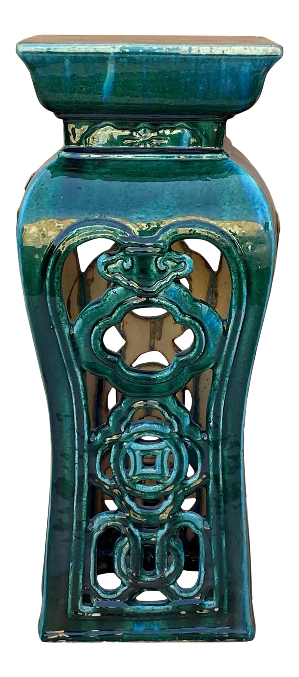 Ceramic Clay Green Square Tall Pedestal Table Flower Display Stand: This stand / table is made of clay and glazed with a grass green #023229 color. It is a decorative piece for indoor or outdoor as a stand or an accent piece. It is a handmade item, there is a