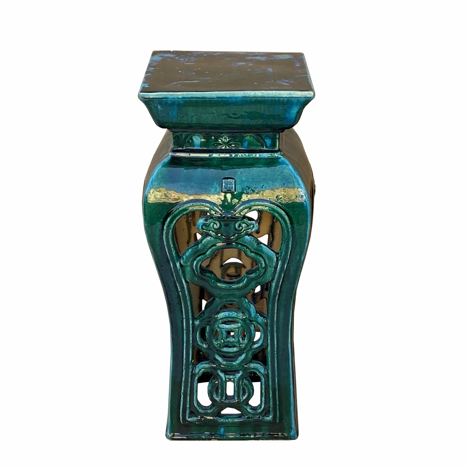 Ceramic Clay Green Square Tall Pedestal Table Flower Display Stand - 2