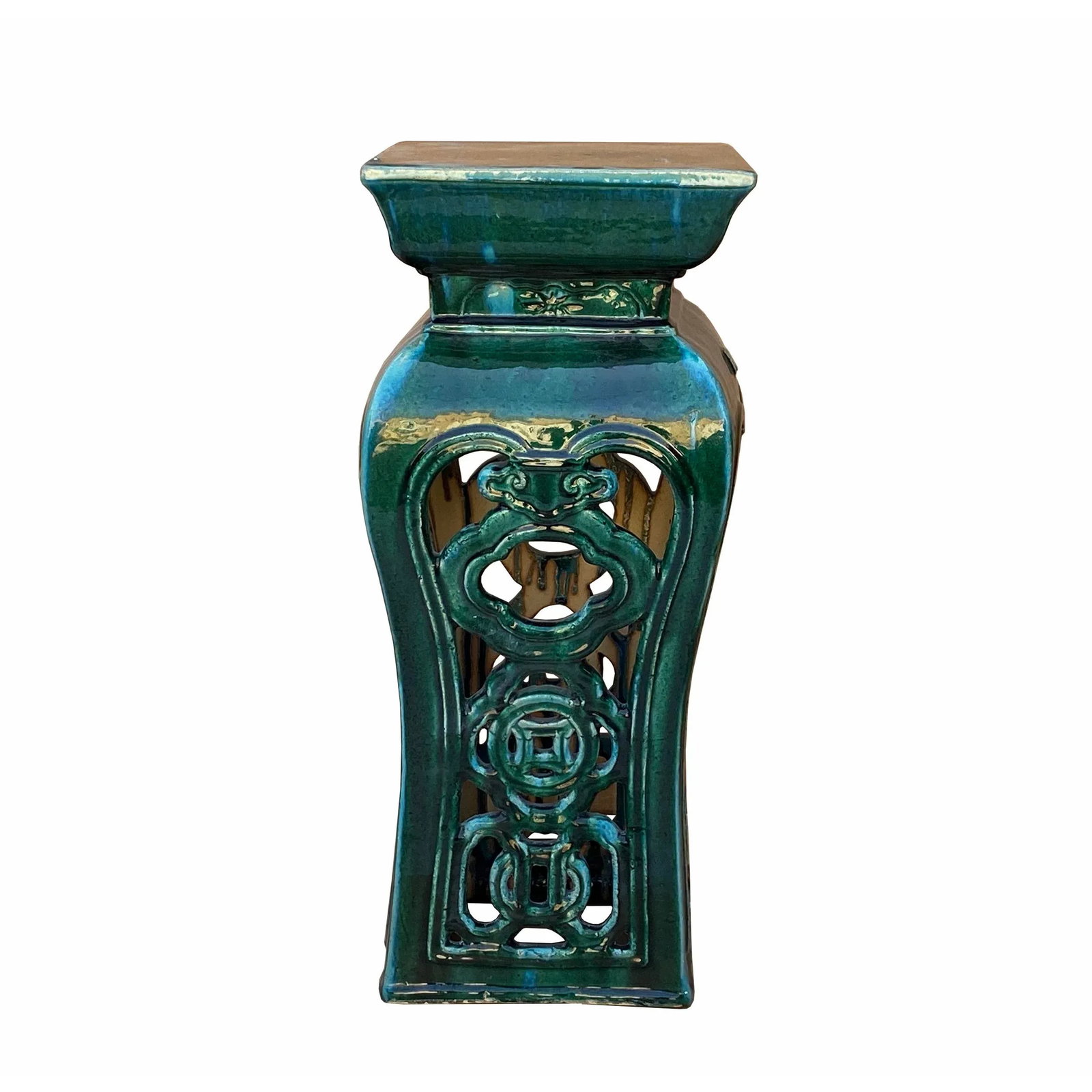 Ceramic Clay Green Square Tall Pedestal Table Flower Display Stand - 3