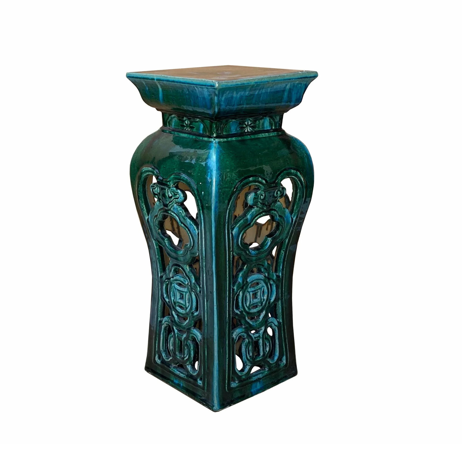 Ceramic Clay Green Square Tall Pedestal Table Flower Display Stand - 4