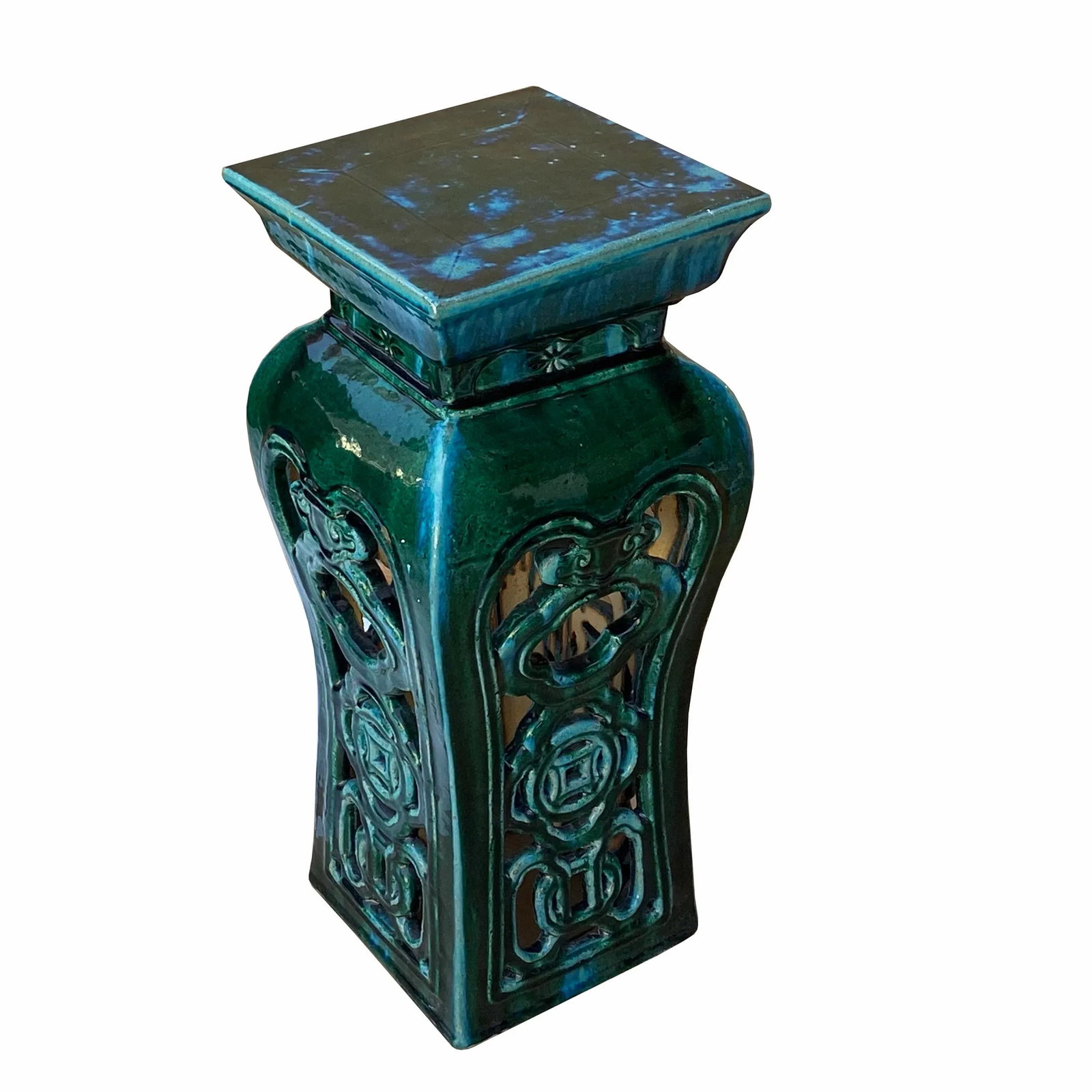 Ceramic Clay Green Square Tall Pedestal Table Flower Display Stand - 7