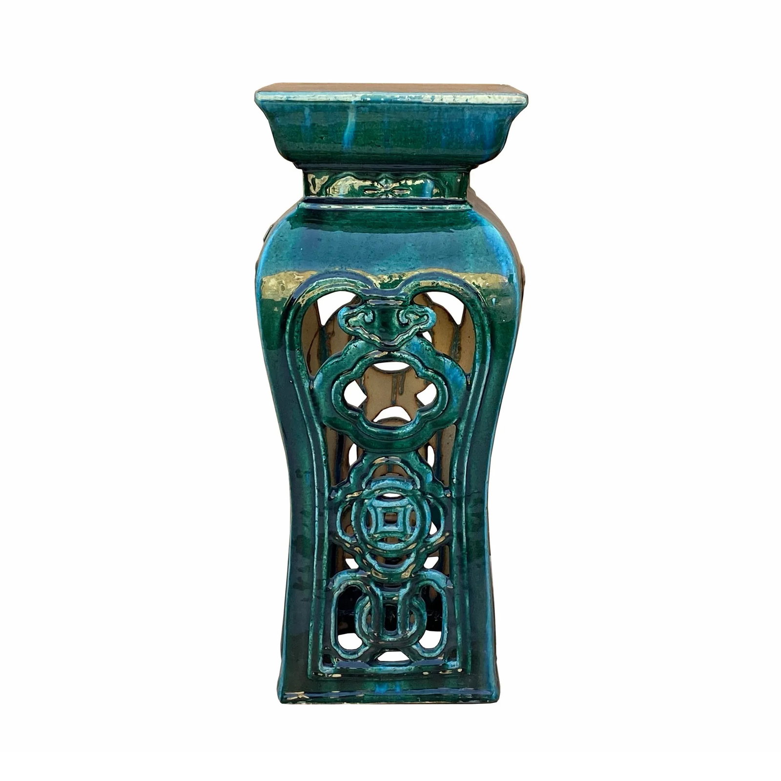 Ceramic Clay Green Square Tall Pedestal Table Flower Display Stand - 9