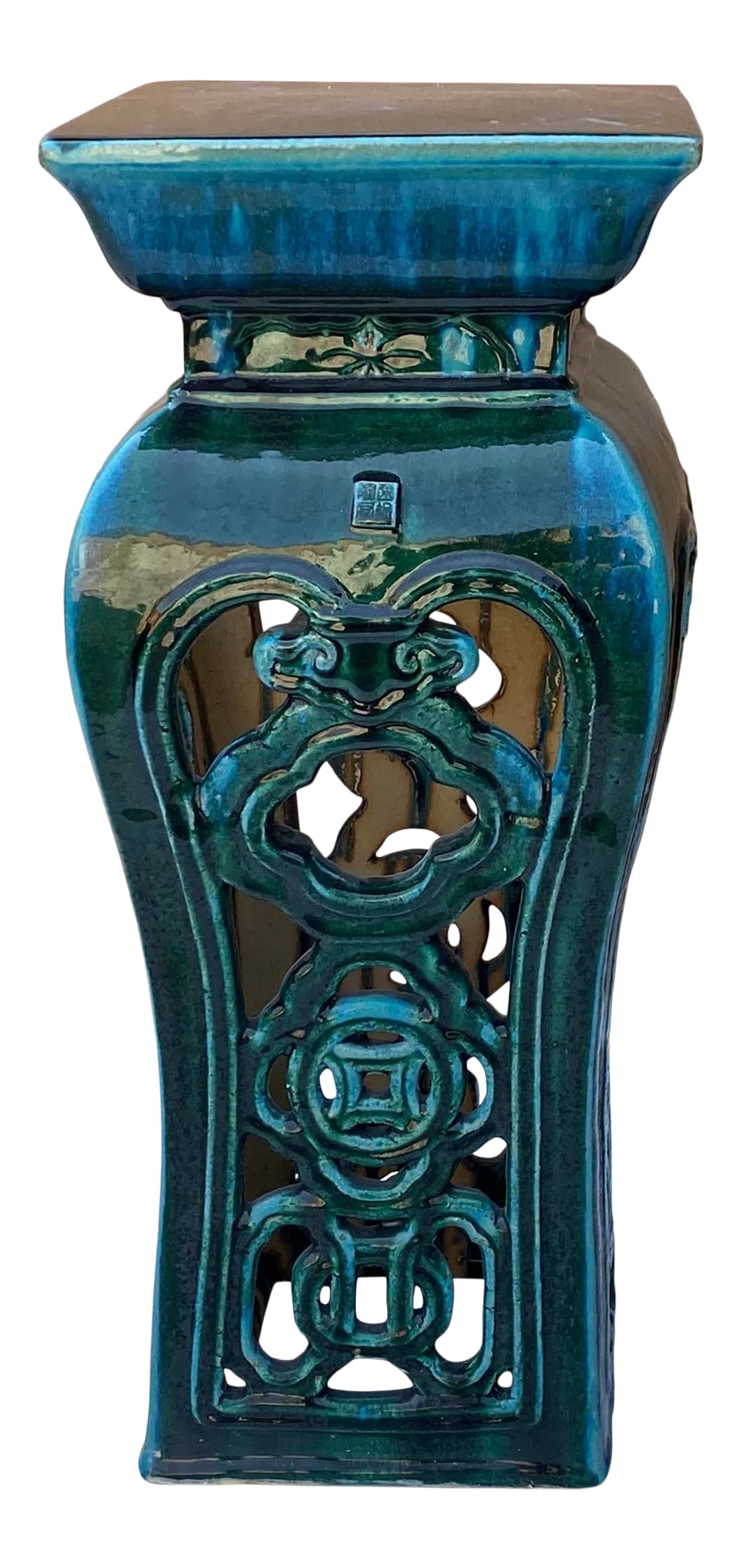 Ceramic Clay Green Square Tall Pedestal Table Flower Display Stand: This stand / table is made of clay and glazed with a grass green #023229 color. It is a decorative piece for indoor or outdoor as a stand or an accent piece. It is a handmade item, there is a