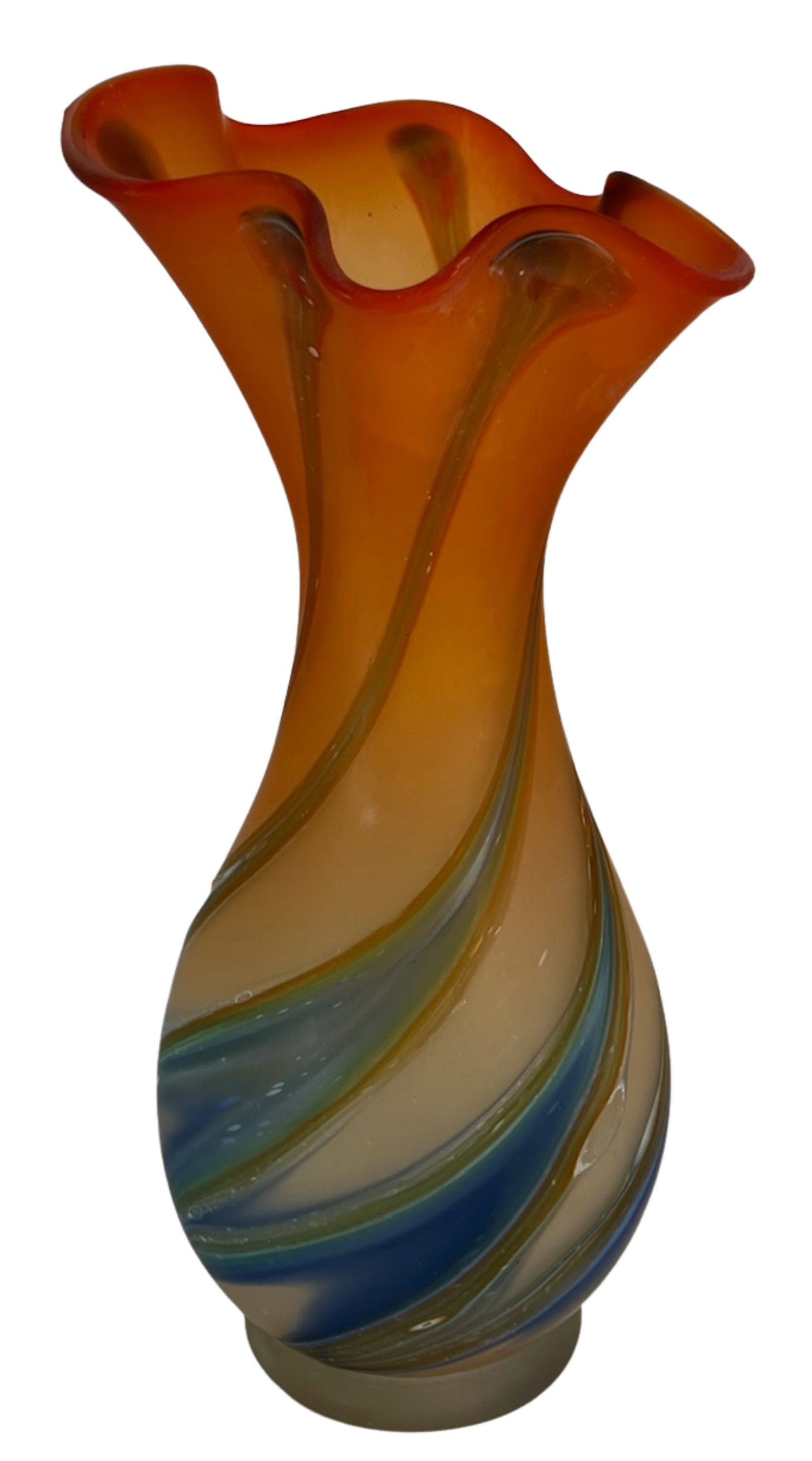 Zareh Orange Art Glass Fazzoletto Vase With Green Blue Swirl - 10