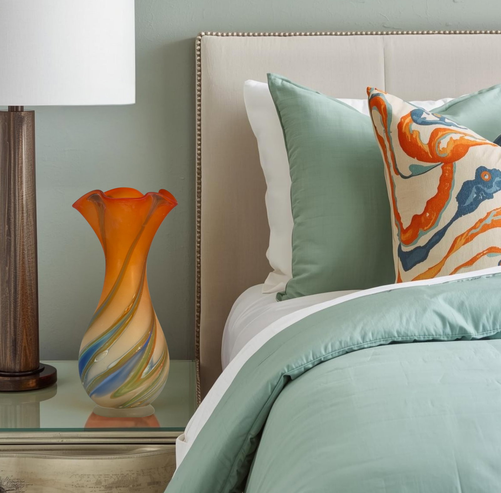 Zareh Orange Art Glass Fazzoletto Vase With Green Blue Swirl - 11