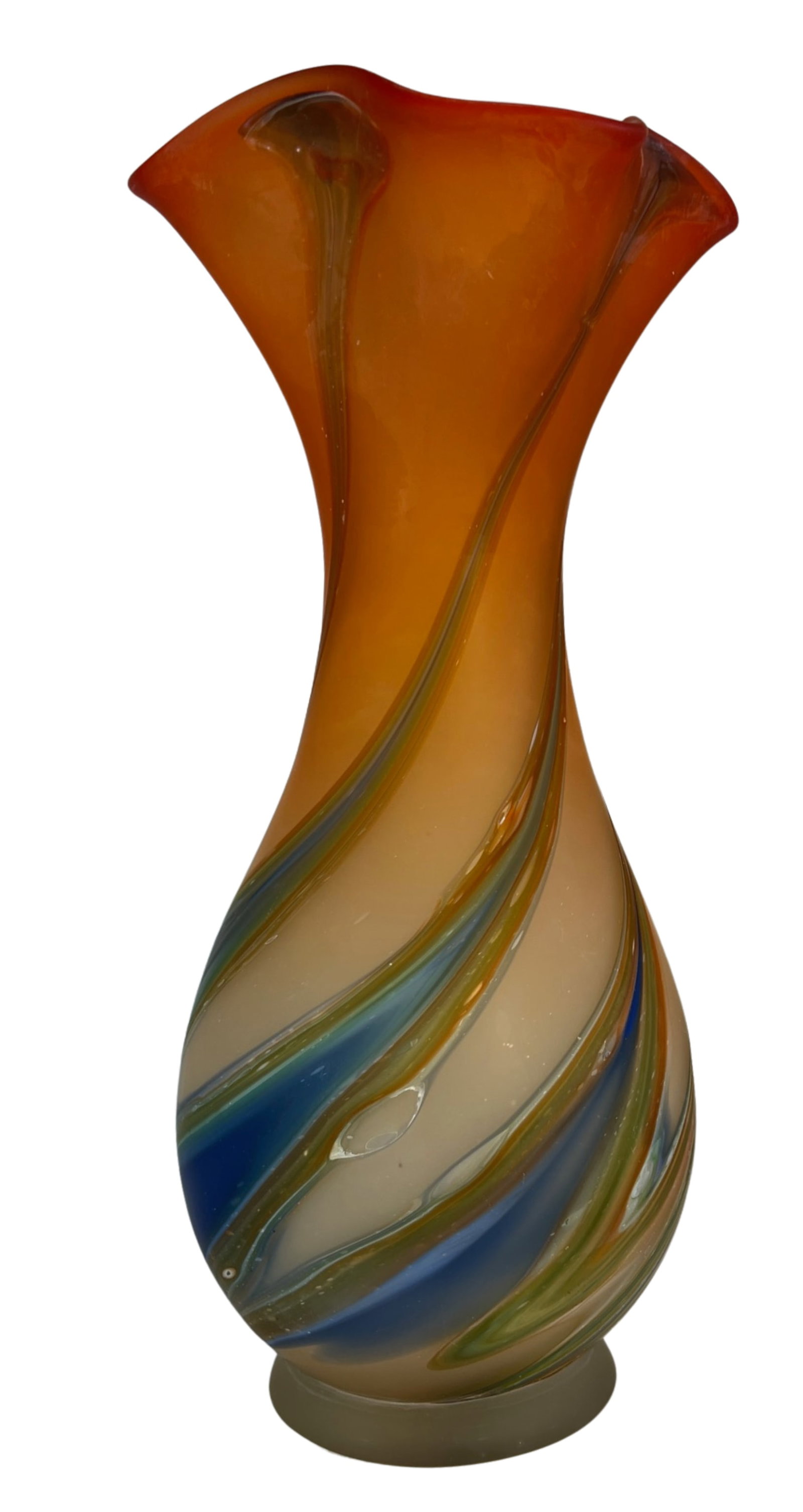 Zareh Orange Art Glass Fazzoletto Vase With Green Blue Swirl - 12